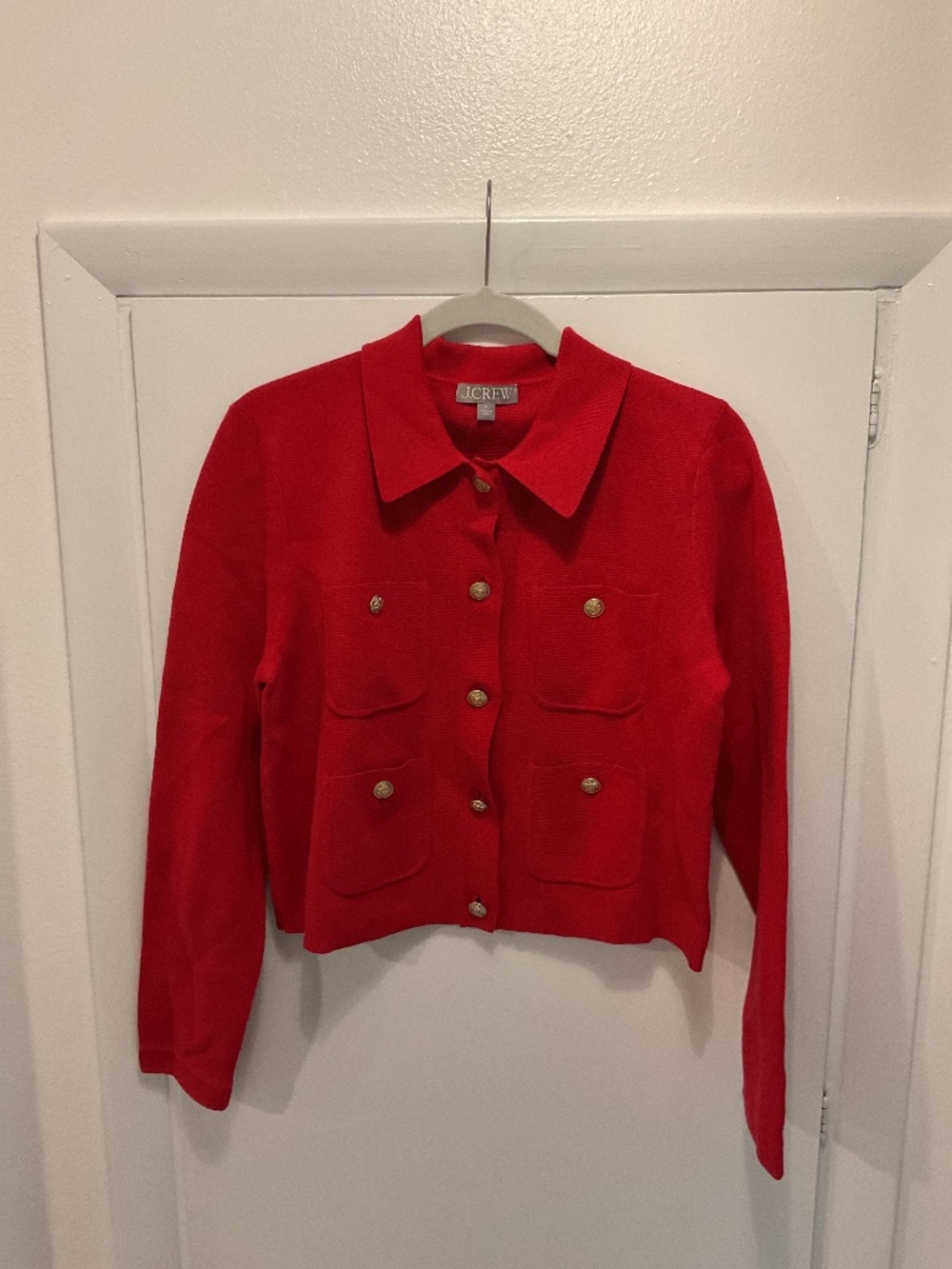 Jcrew Long Sleeve Gold Button Cardigan, Cherry Red, Size Medium